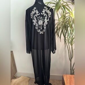 La Blanca black mesh kimono robe white floral embroidery M